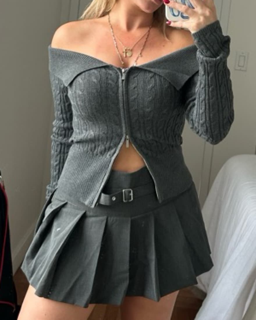 Off The Shoulder Grey Sweater Zip Top  - Image 6