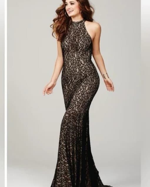 Jovani Black And Nude Lace High Neck Gow - Image 1