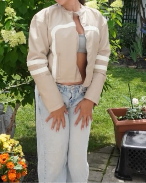 Tan & White Cropped Motor Jacket - Image 1