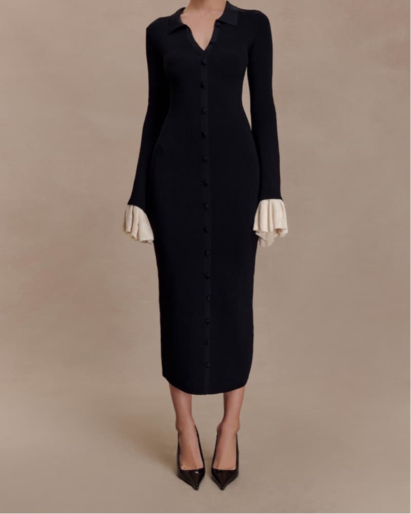 Amirose Knit Ruffle Midi Dress - Image 1