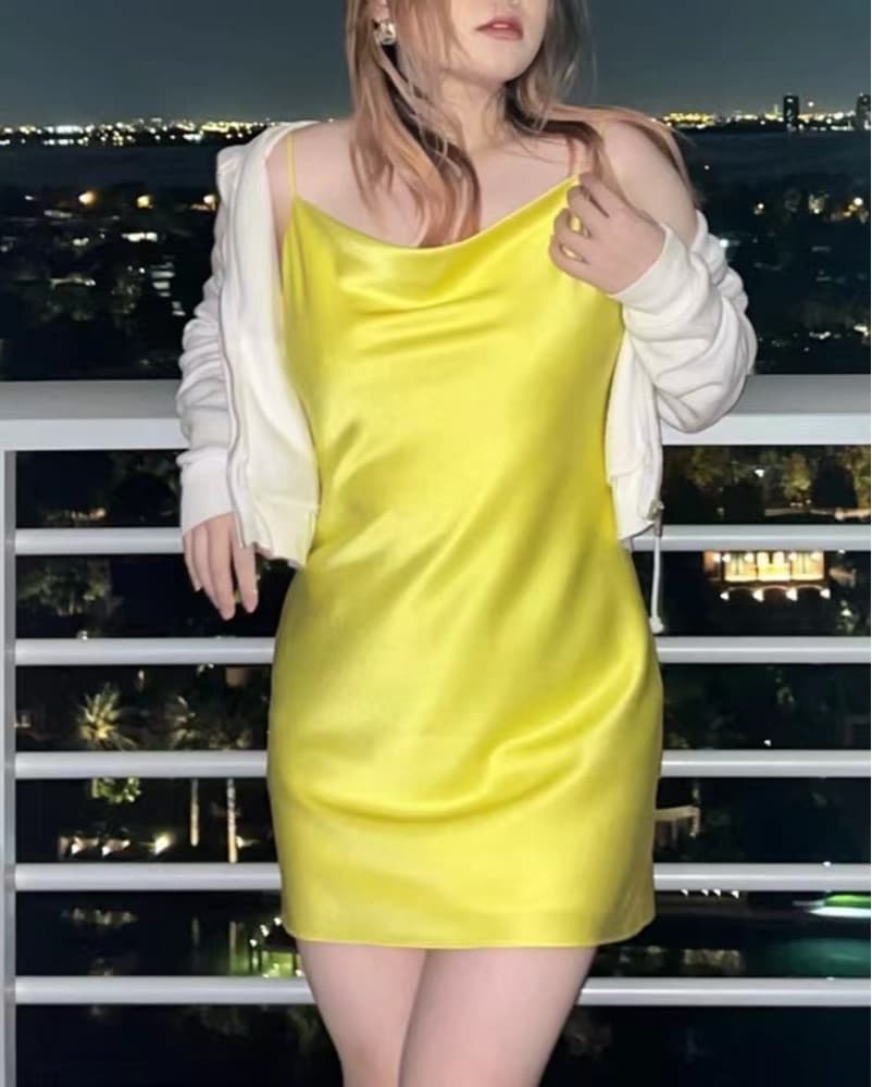 Vibrant Yellow Satin Slip Dress - Image 3