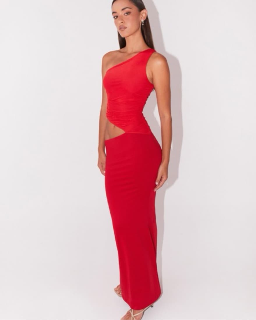 One-Shoulder Red Maxi Cutout Dress - Image 1