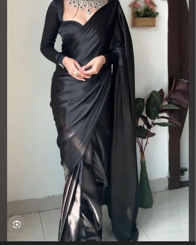 Plain Black Satin Pre Draped Saree - Image 2