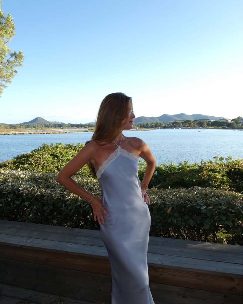Satin Baby Blue Dress With Lace Detail - Image 3