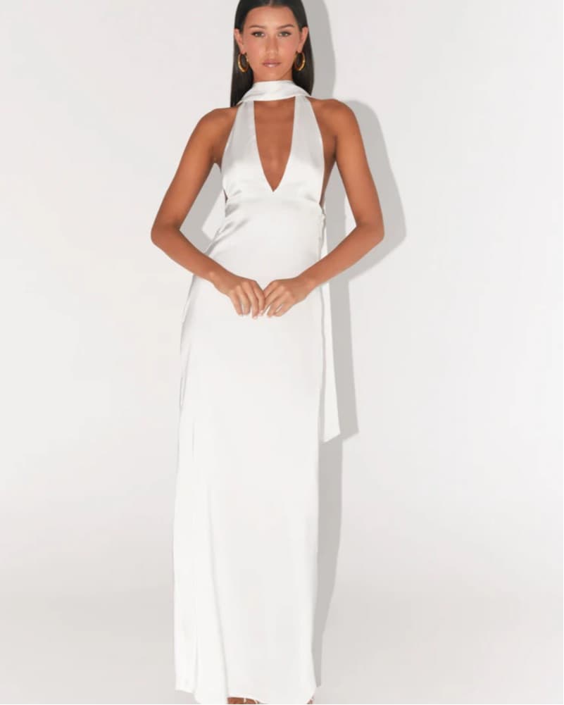 White Satin Halter Maxi Dress - Image 1