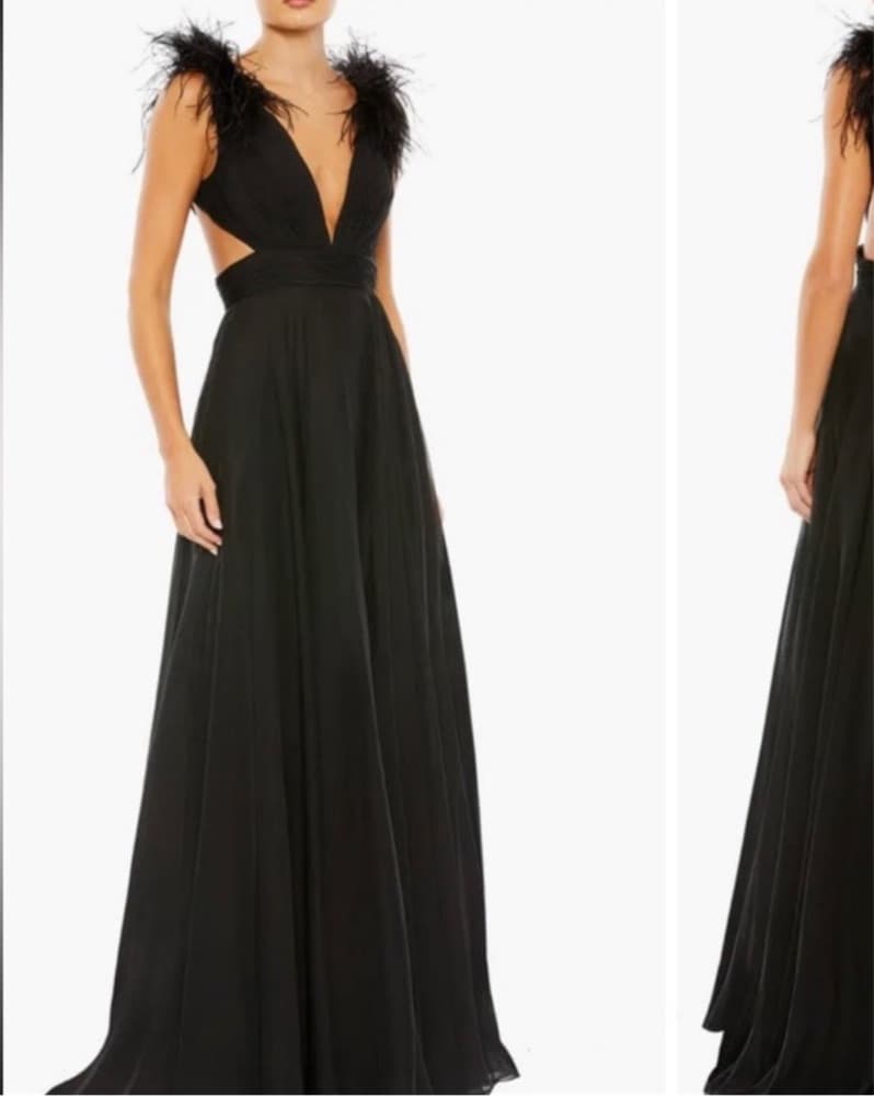 Feather Trim, Plunge Neck, Black Gown - Image 1
