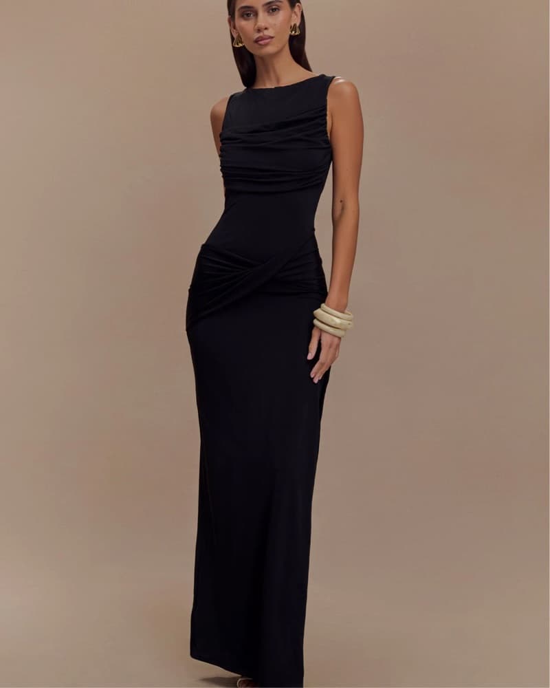 Henley Slinky Drape Maxi Dress - Black - Image 5