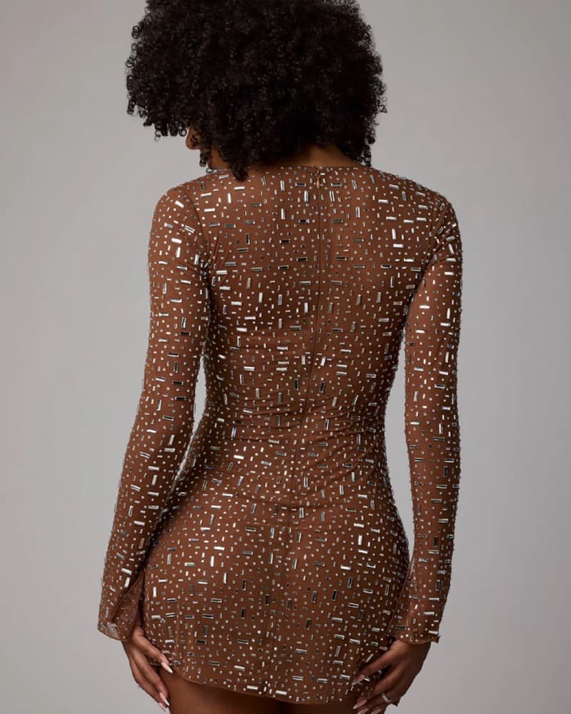 Sheer Embellished Long Sleeve Mini Dress - Image 2