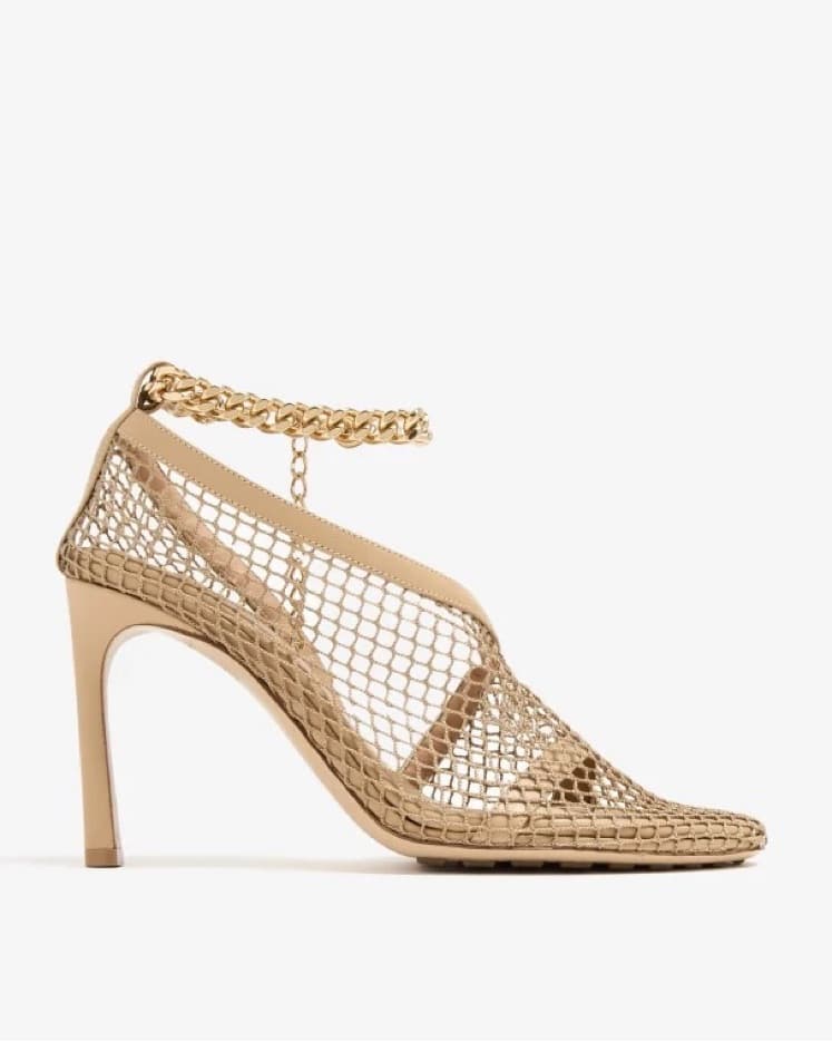 Bottega Veneta Tan Mesh Pumps Gold Chain - Image 1