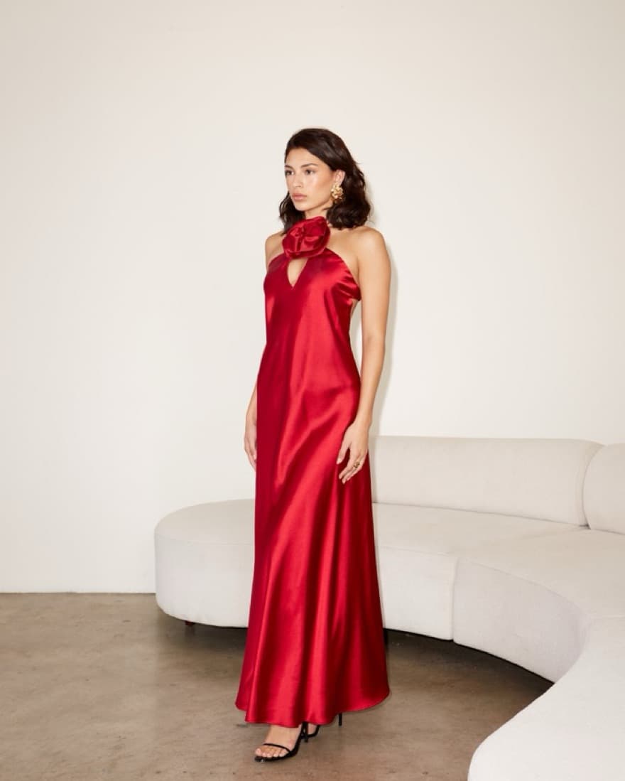 Delfi Red Silk Maxi Dress - Image 2