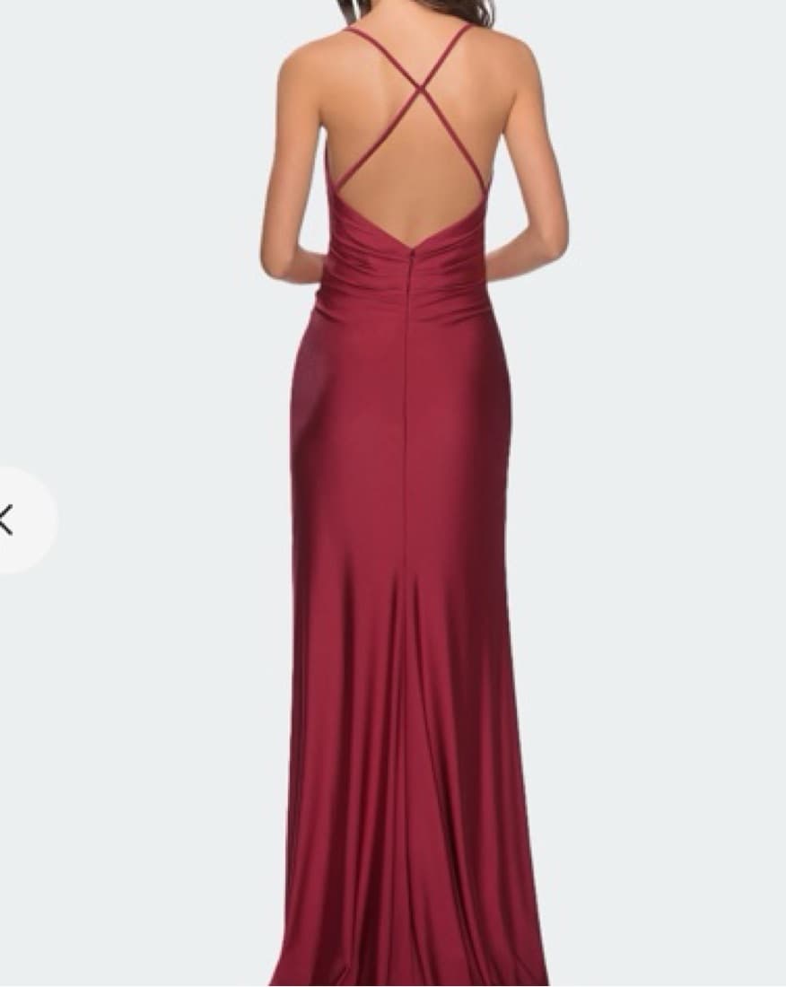 La Femme Cross Back Satin Trumpet Gown - Image 2