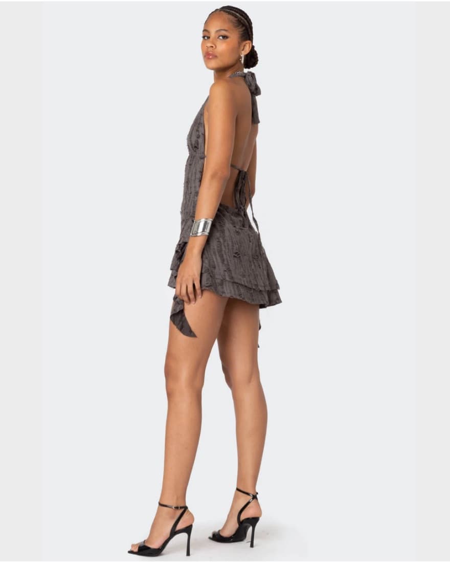 Shredded Backless Halter Mini Dress - Image 4
