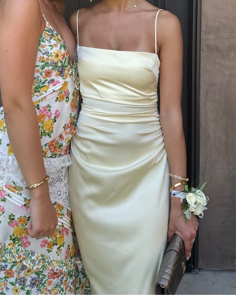Butter Yellow Satin Gown with Bow Back - Image 4