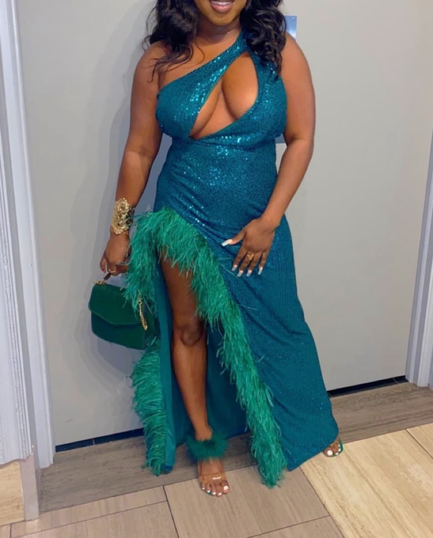 Captivating Teal Sequin Feather Maxi Dress - Image 3