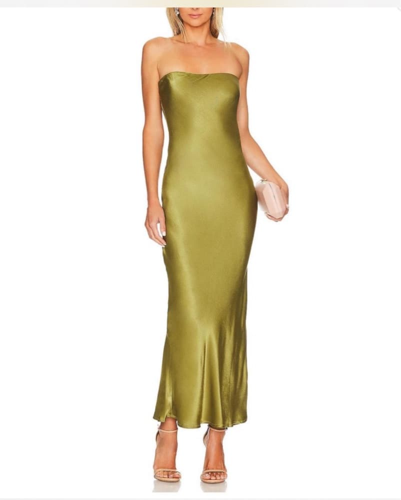 Olive Satin Strapless Maxi Dress - Image 1