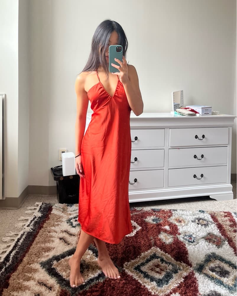 Orange Halter Satin Midi Dress - Image 1
