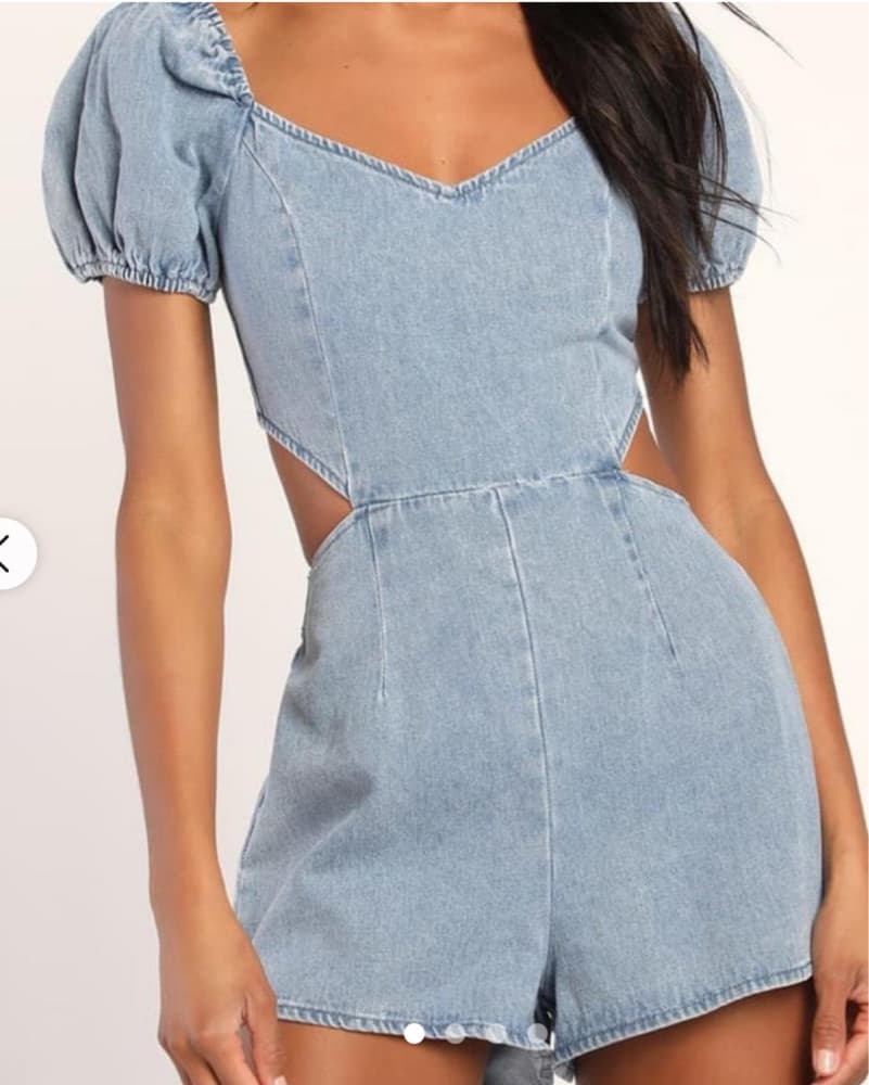Denim Puff Sleeve Romper - Image 1
