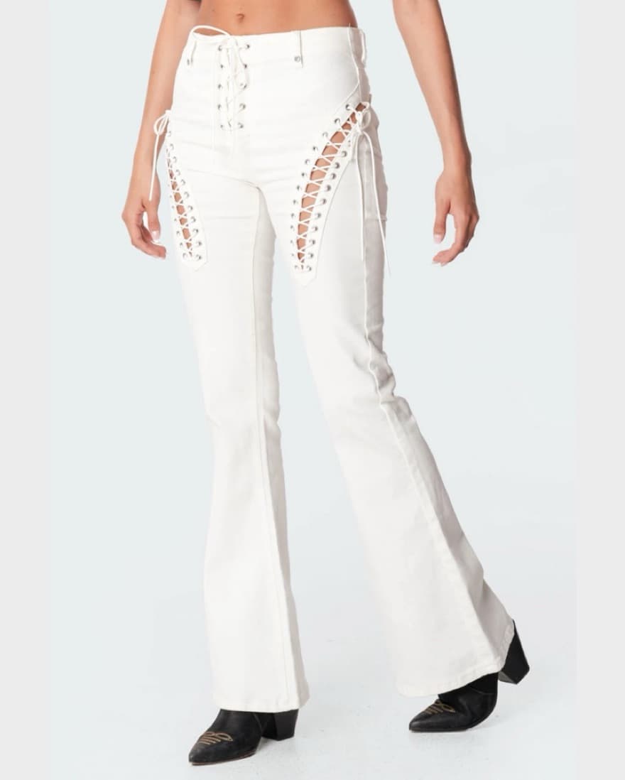 White Lace-Up Flare Jeans  - Image 2