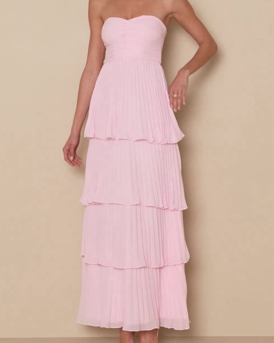  Pleated Sraess Tiered  Maxi Dress Pink - Image 1