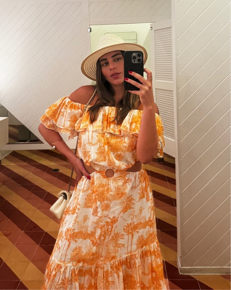 Positano Orange Linen Off Shoulder Dress - Image 2