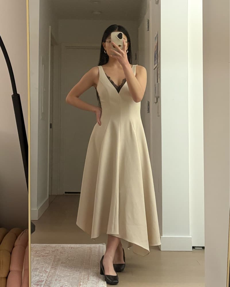 Cream Petal Dress With Black Lace Detail - Image 1