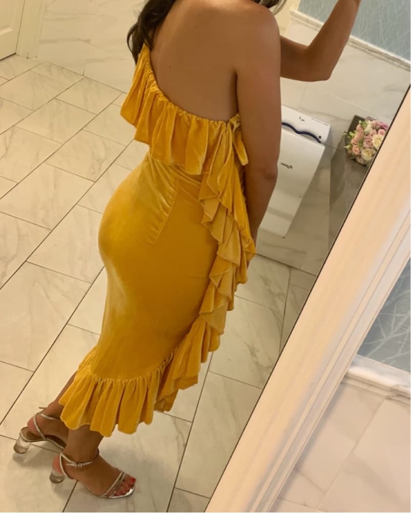 One-Shoulder Velour Ruffle Midi Dress - Image 5