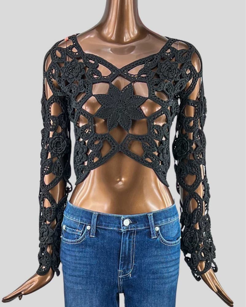 Cult Gaia Black Crochet Crop Top XS - Image 2