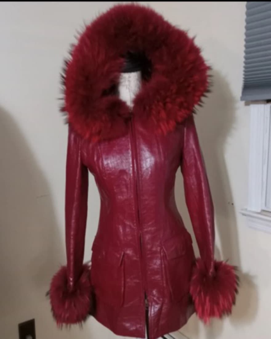 Red Genuine Leather & Fur Coat - Image 1