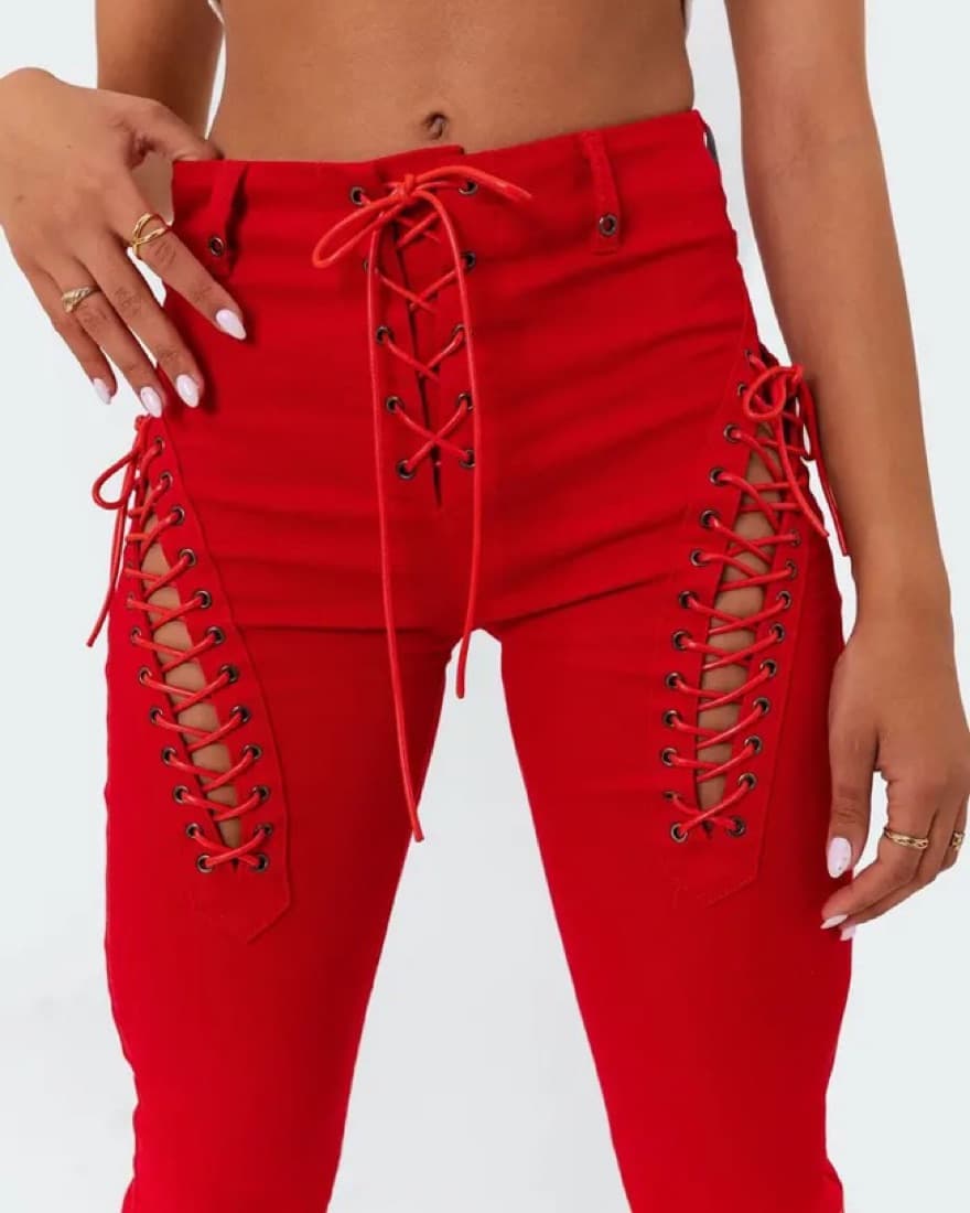 Red Lace Up Flared Pants - Image 2
