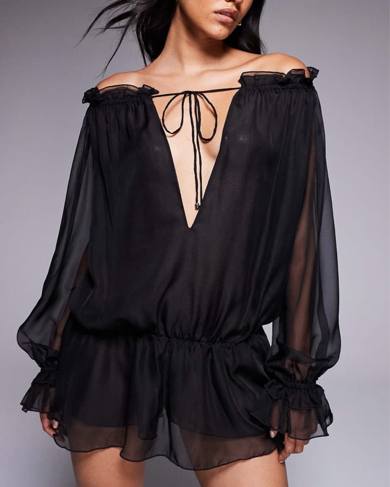 Flowing Black Sheer Mini Dress - Image 1