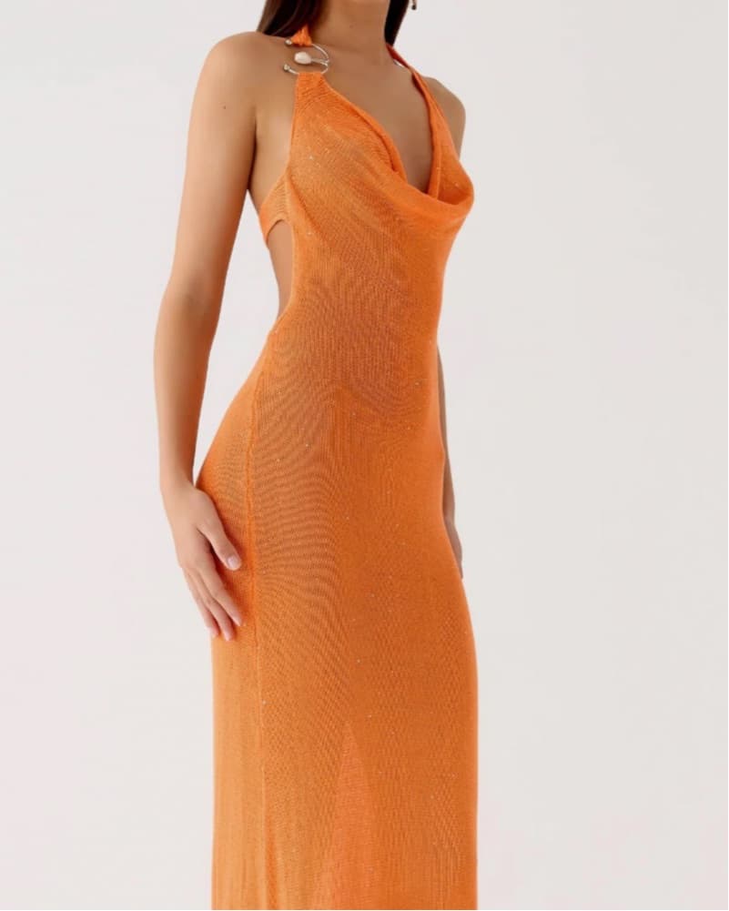 Vibrant Orange Cowl Knit Maxi Dress - Image 1