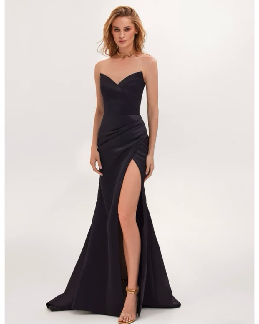 Black Strapless Evening Gown With Slit - Image 1