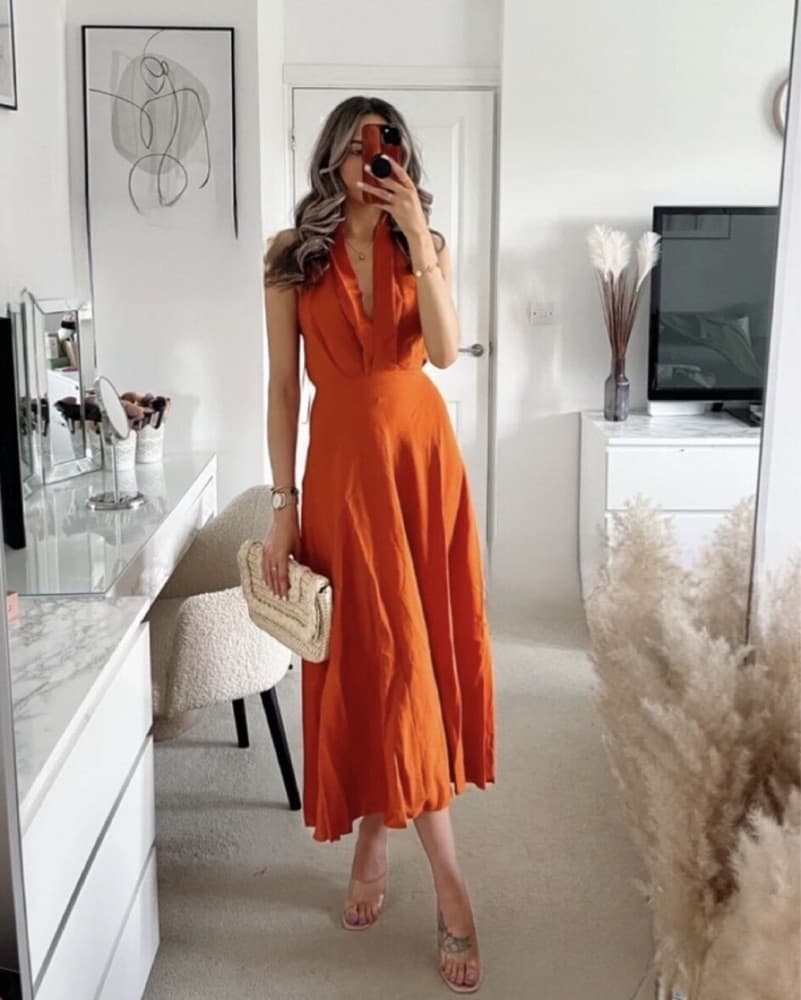 Vibrant Orange Halter Midi Dress - Image 1
