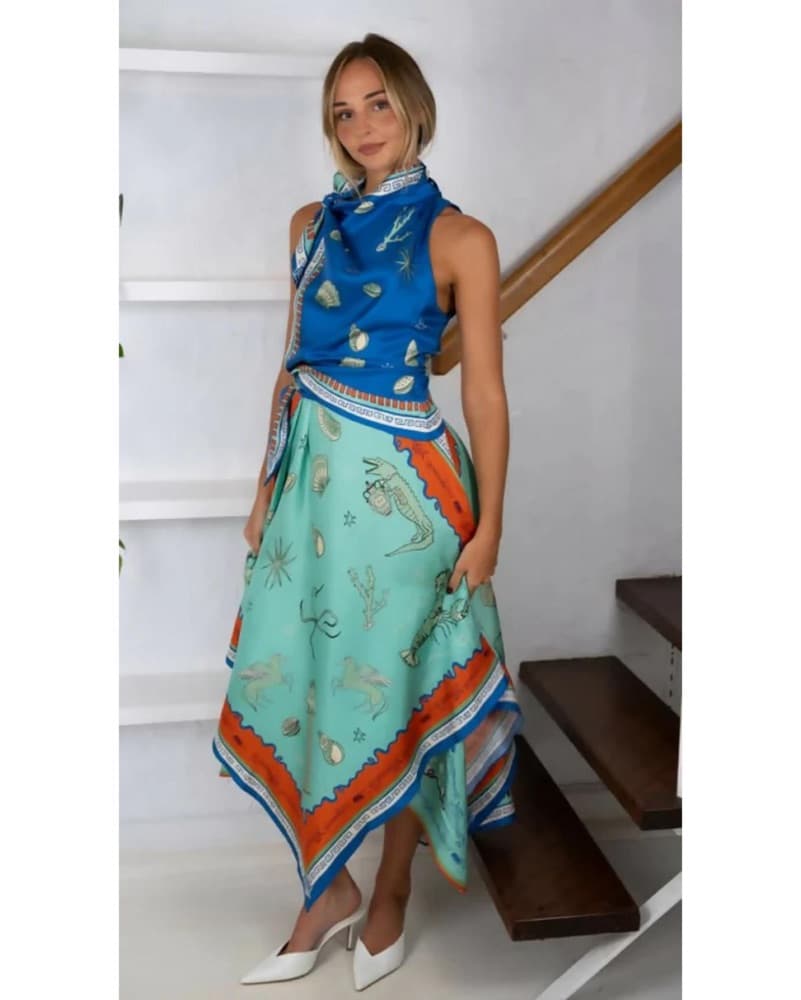 Alemais Surrealist Summer Scarf Dress | | Blue Wedding Guest Dress, Coastal Chic, Western Dress - Image 3