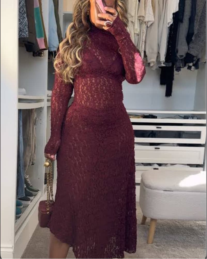 Burgundy Lace High-Neck Midi Dress - Image 1