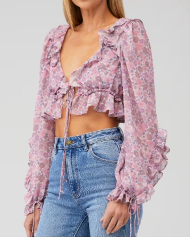 Floral Ruffle Crop Top with Puff Sleeves - Image 1