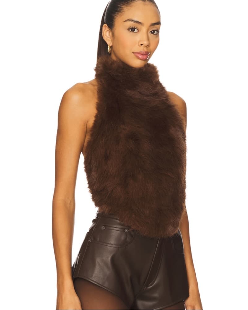 Bardot Brown Fur Halter Top - Image 2