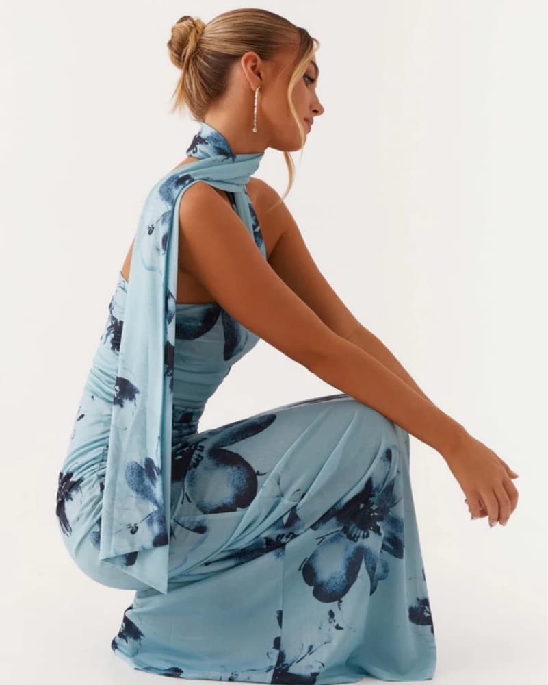 Elegant Floral Halter Maxi Dress -  - Image 1