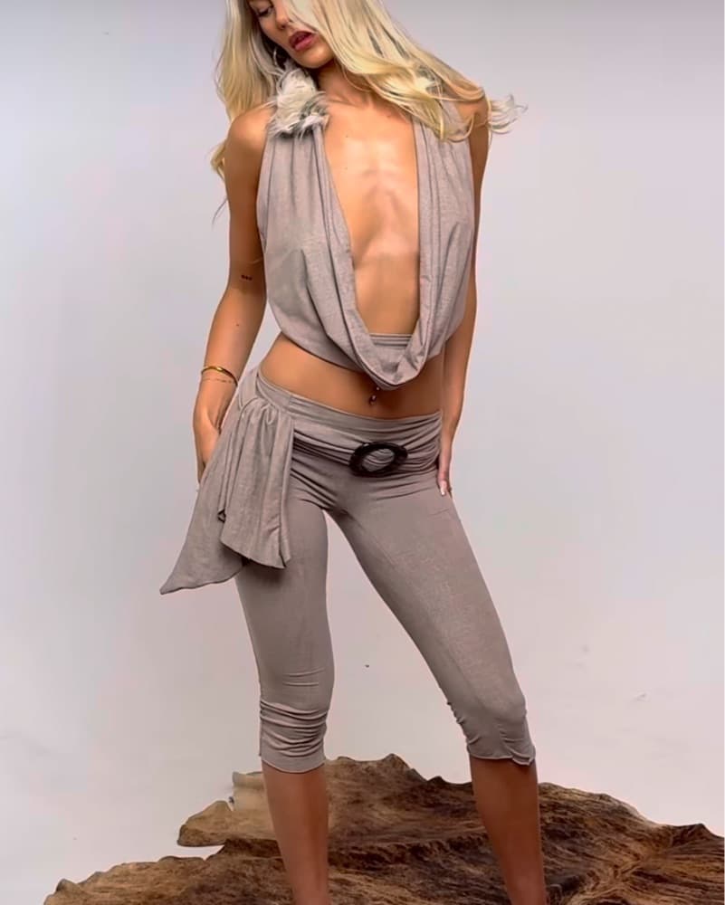 Taupe Fur Trim Capri Set - Image 2