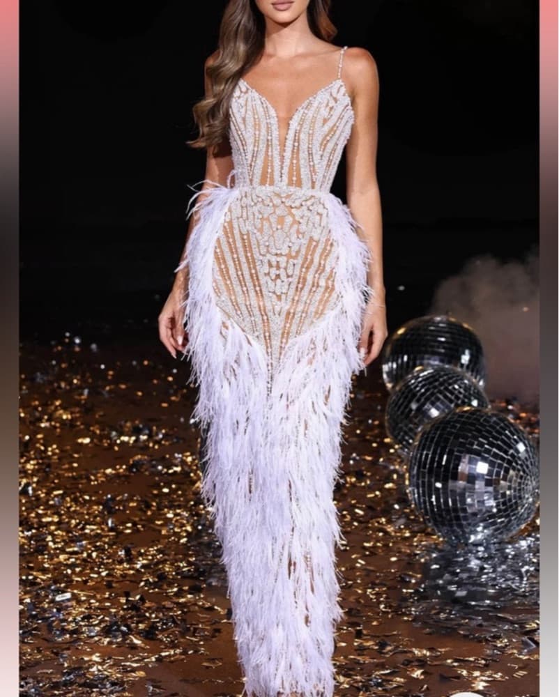 Portia Scarlett White Pearl Feather Gown - Image 1