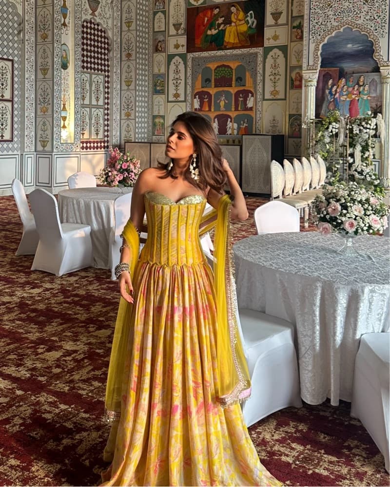YELLOW SEQUINNED CORSET MUSLIN LEHENGA  - Image 3
