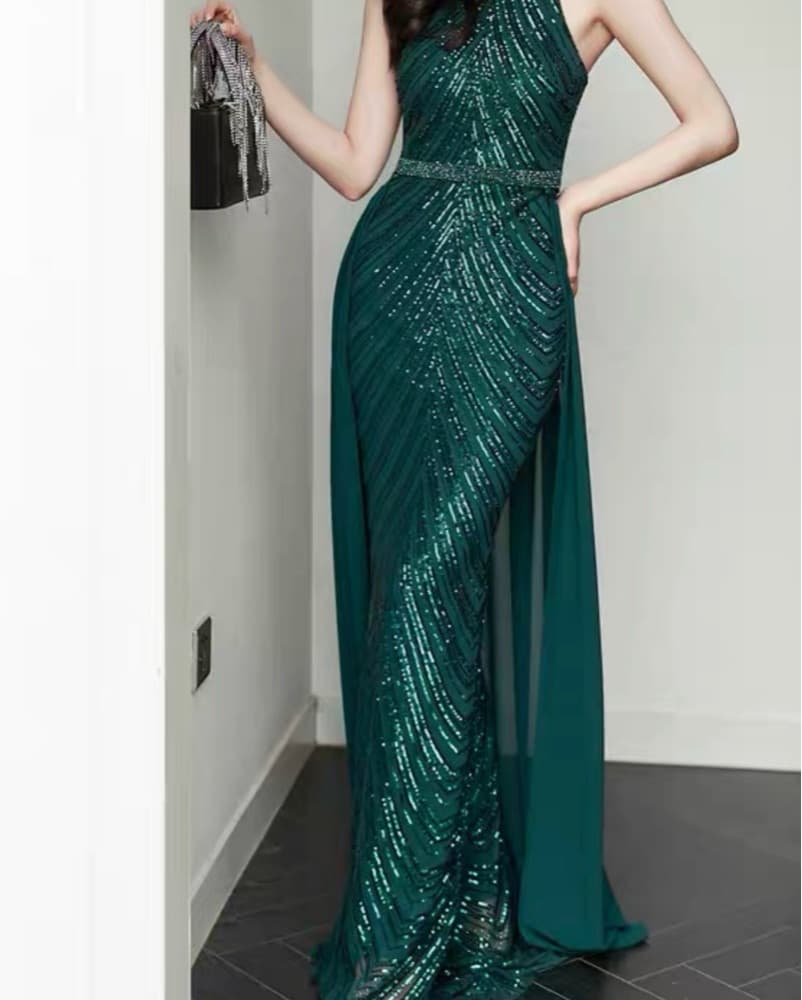 L KALINNA DARK GREEN SEQUIN TRAIL Gown - Image 1