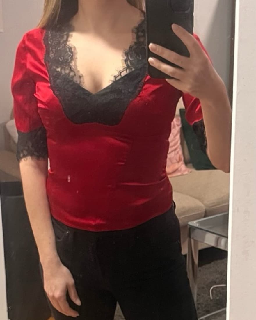 Red Silk Top With Black Lace  - Image 2