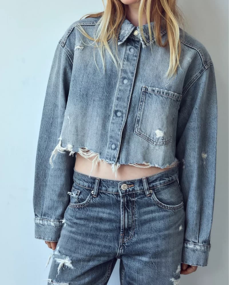 Cropped Distressed Denim Jacket - Image 3