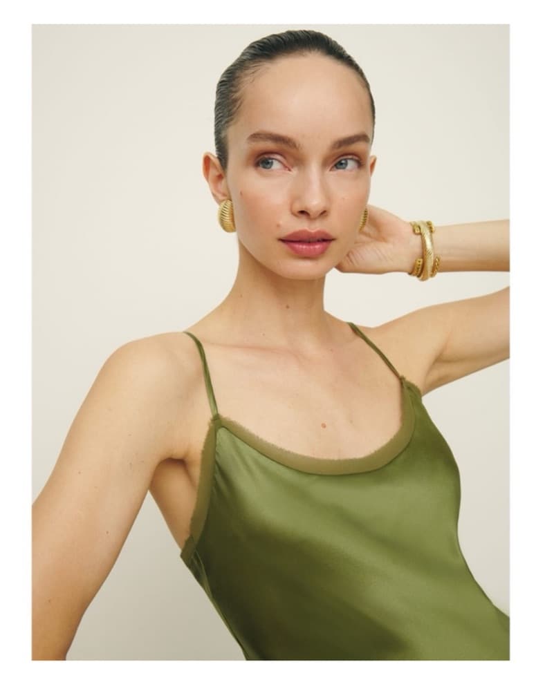 Olive Satin Reformation Dress - Image 3