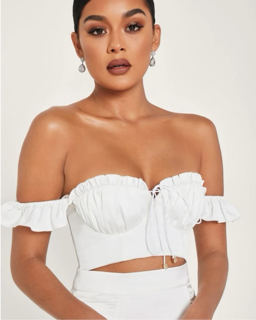 White Ruched Off-Shoulder Crop Top - Image 1