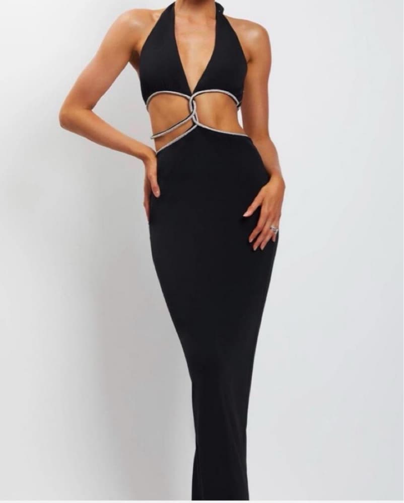 Meshki Diamante Black Halter Maxi Dress - Image 1