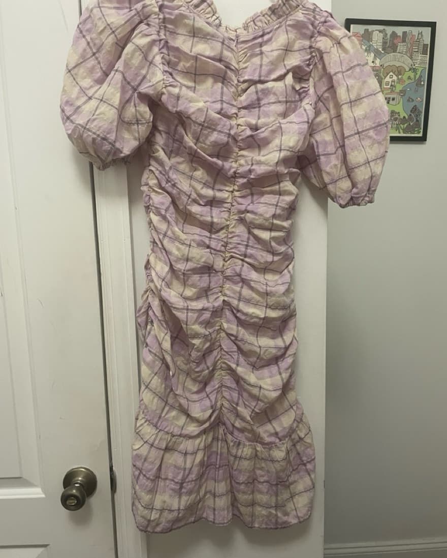 Ganni Ruched Checked Seersucker Dress - Image 6
