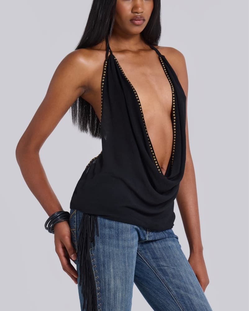 Tatiana Backless Studded Top in Black - Image 1
