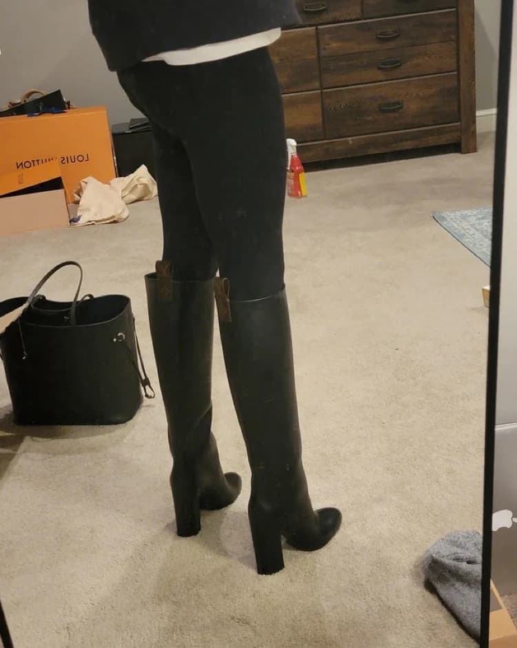 LV Black Leather Knee-High Boots - Image 4